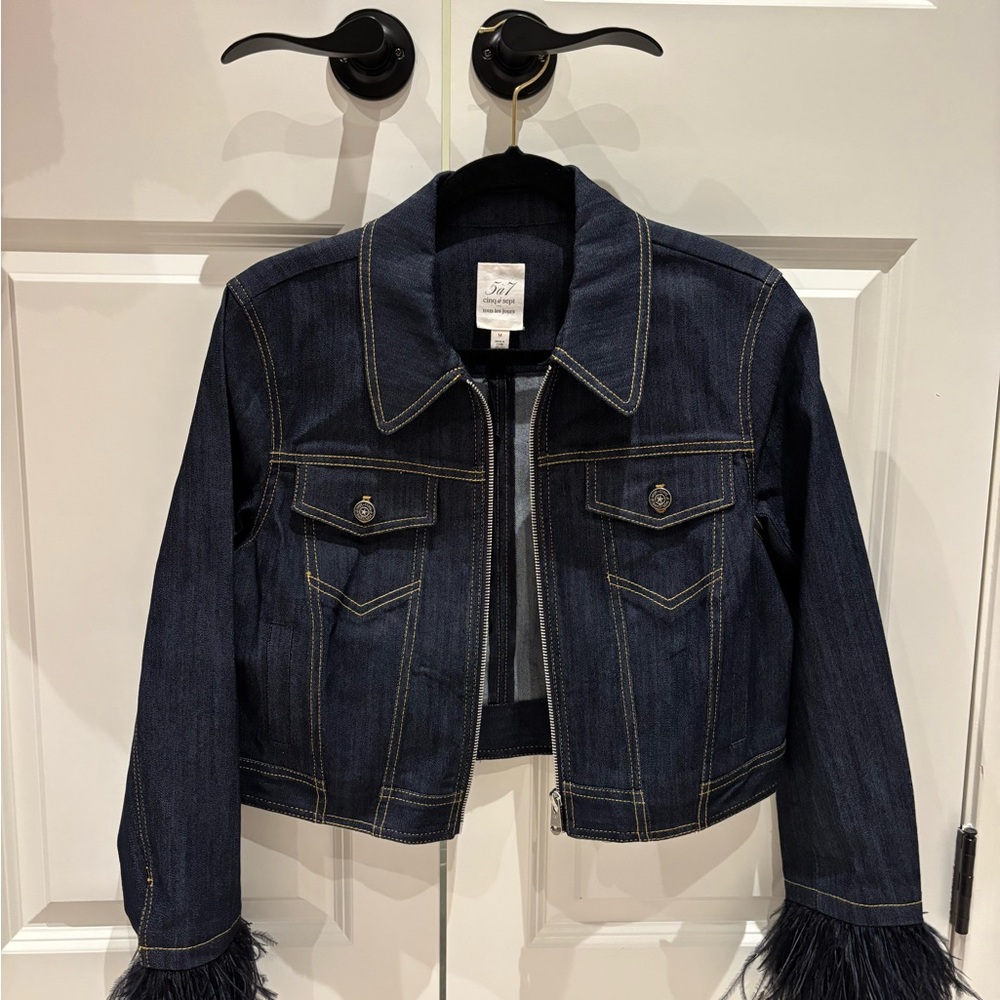 Cinq a Sept Dark Blue Jean Jacket with Feather Cuffs- never worn medium